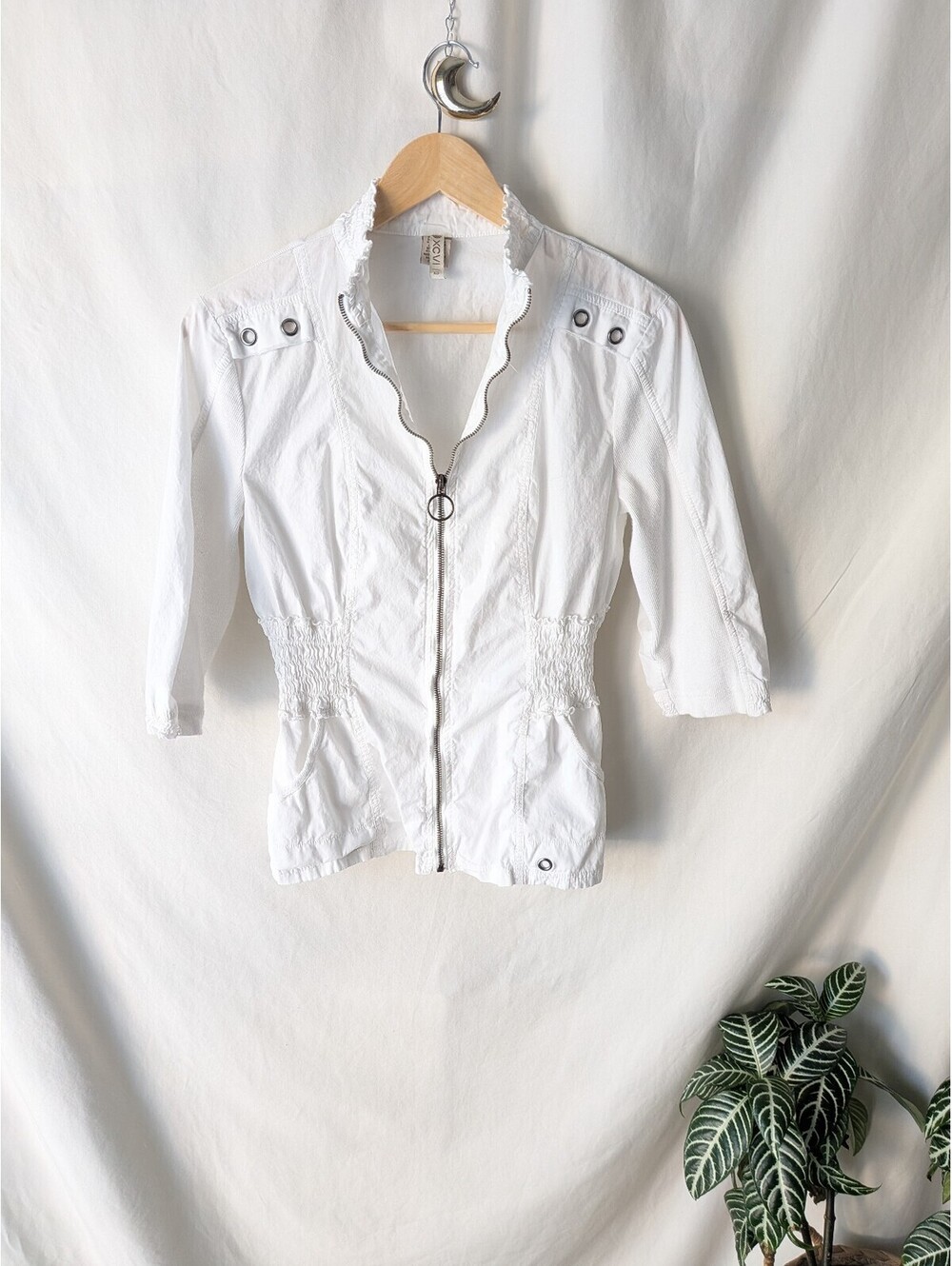 XCVI White Cotton Blend Jacket with Zipper and Ruffle Collar, Size XS